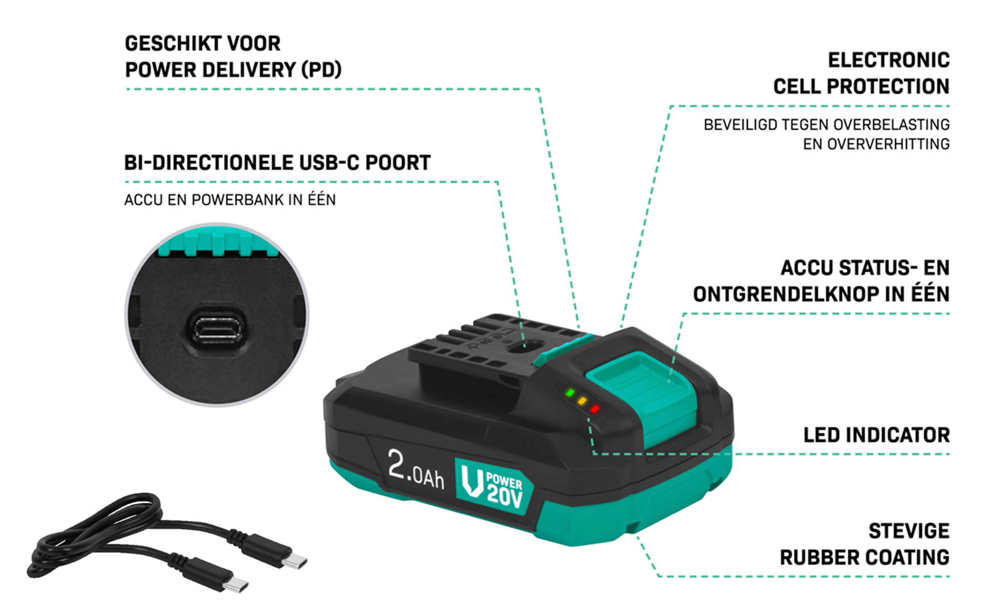 VPower 20V 2.0Ah accu nieuwe functies